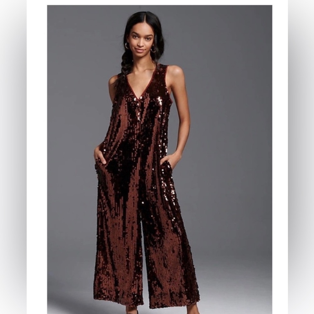 Anthropologie Sequin Jumpsuit in Shimmering Brown